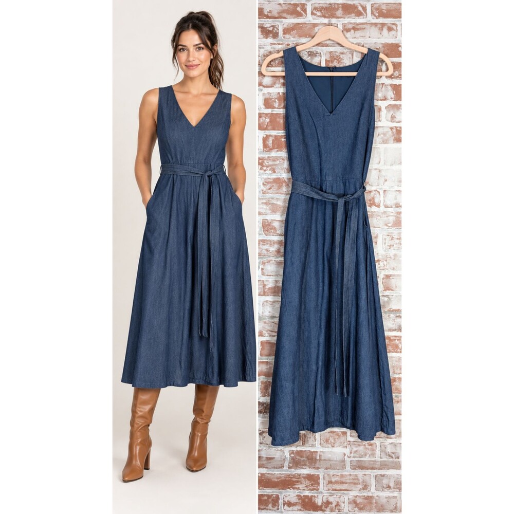 Banana Republic Blue Denim Chambray Retro V-Neck Midi Belted Minimalist  Dress 8